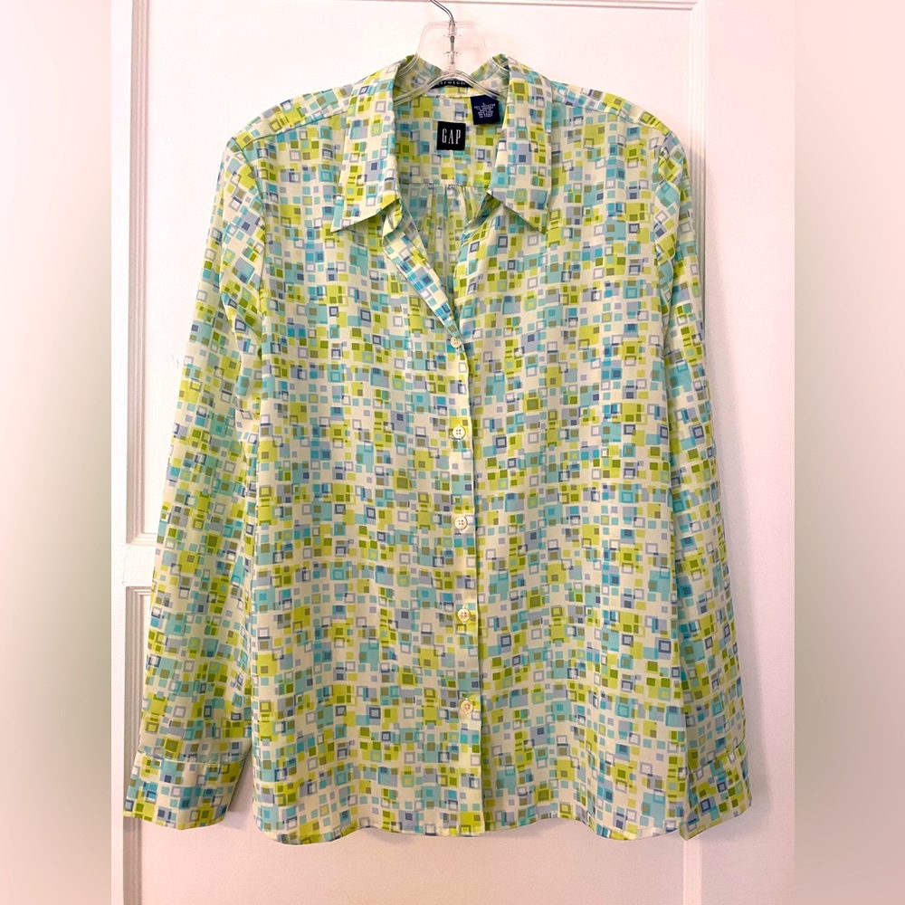 Vintage NWOT Gap Stretch button up blouse oversized large beach cover 💚🩵💙💛🤍